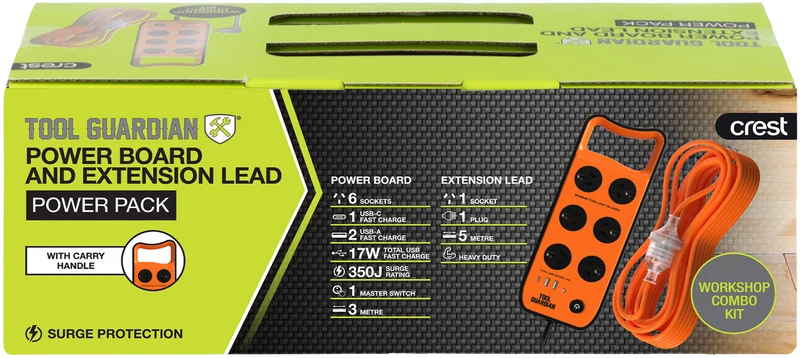 Tool Guardian 6-Way Power Board & 5m Extension Lead Bundle