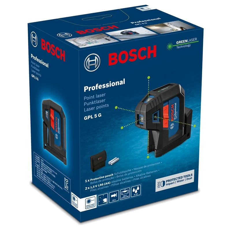 Bosch GPL 5 G PUNTLASER, OPBERGETUI, 2 X AA BATTERIJEN