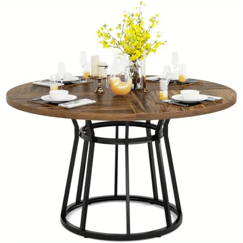 Ronde Eettafel – Rond Eetkamertafel – Houten Keukentafel – Ronde Tafel – Eetkamertafel 4 Personen – Metalen Onderstel – 120 cm Diameter – Duurzaam Spaanplaat Tafelblad