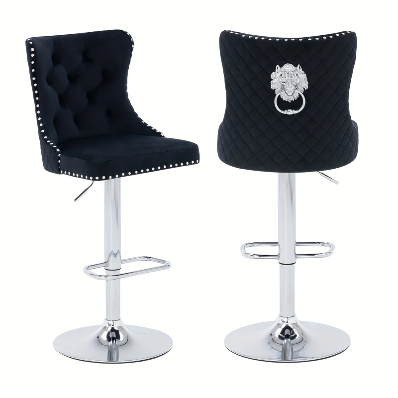 Modern Bar Stools Set Of 2, Swivel Velvet Adjustable Stools with Lion Head Pull Ring, Upholstered Kitchen Chairs with Ergonomic Backrests & Nailhead Trims, Suitable for Kitchen Island, Dining Room & Bar