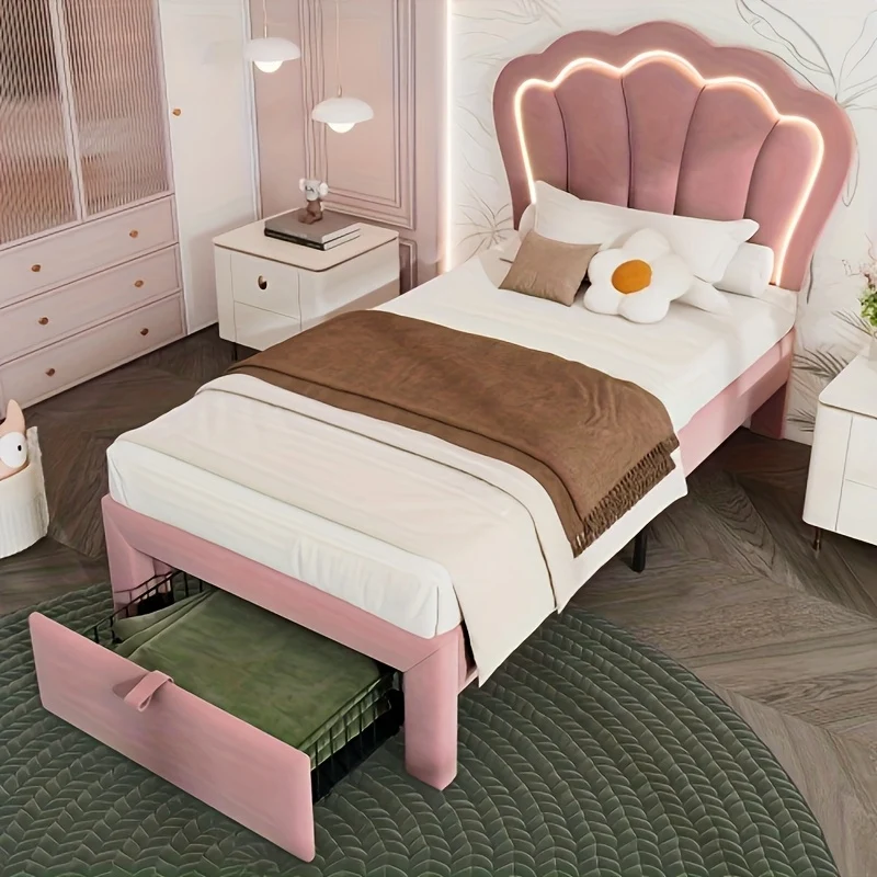 Bedframe Roze – Gestoffeerd Bed – Eenpersoonsbed – Slaapbank – Kinderbed – Pastelroze Kleur – Eenvoudige Montage – Duurzaam Bamboemateriaal