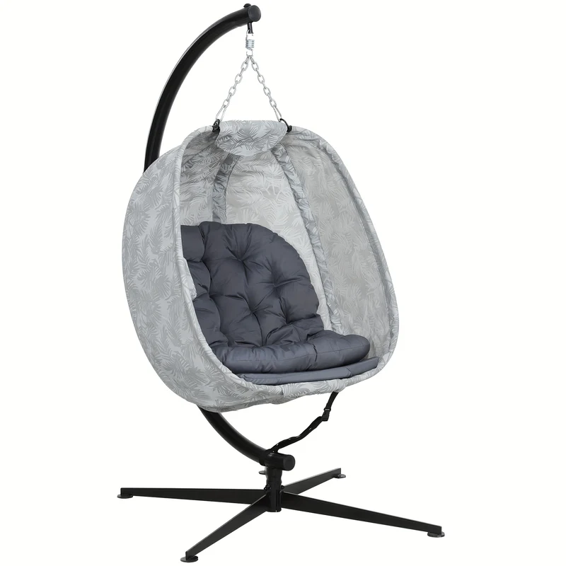 Hangstoel Vouwstoel Schommelstoel Relaxstoel Egg Chair – Grijs Kussen – Zwart Metaal Frame – Handmatig Verstelbare Rugleuning – Compact Opvouwbaar – Weerbestendig