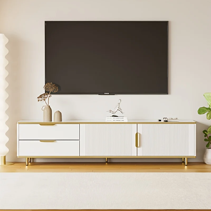 Tv Meubel – Tv Kast – Tv Stand – Tv Console – Entertainment Unit – Wit-Gouden Design – 2 Kasten & 2 Lades – Duurzaam Niet-Houten Materiaal