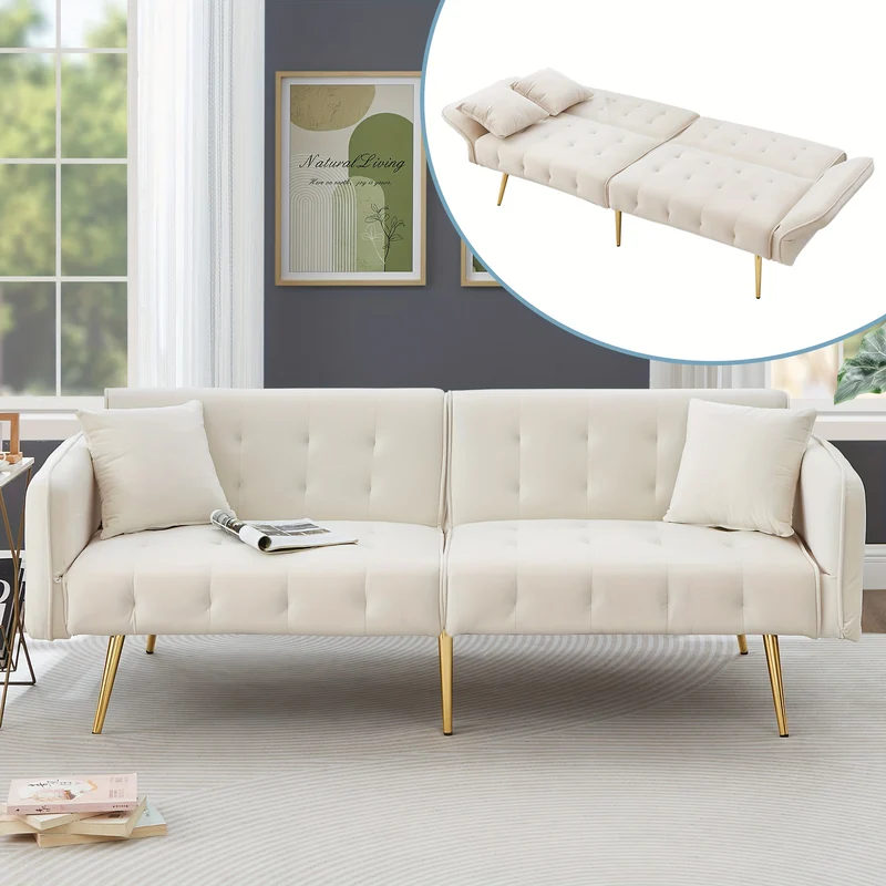 Bankbed – Slaapbank – Bedbank – Sofa – Logeerbed – Modern Wit – Verstelbare Rugleuning & Armleuningen – Handmatige Bediening Zonder Elektriciteit