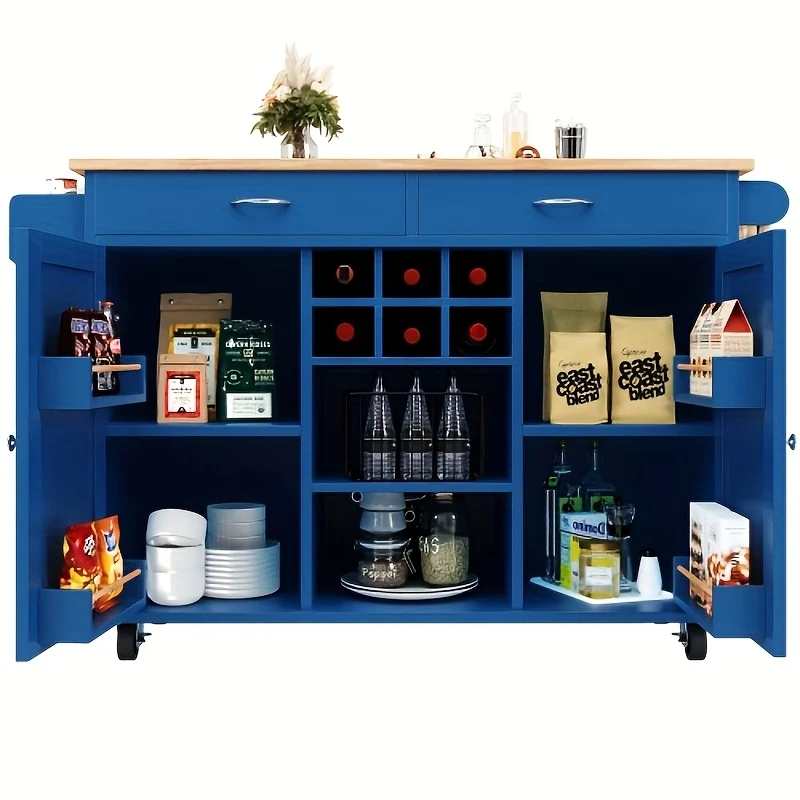 Keukentrolley – Keukenwagen – Serveerwagen – Opbergtrolley – Keukenrek – Blauw – Mobiel met 4 Wielen – Ruim Werkblad en Opbergruimte