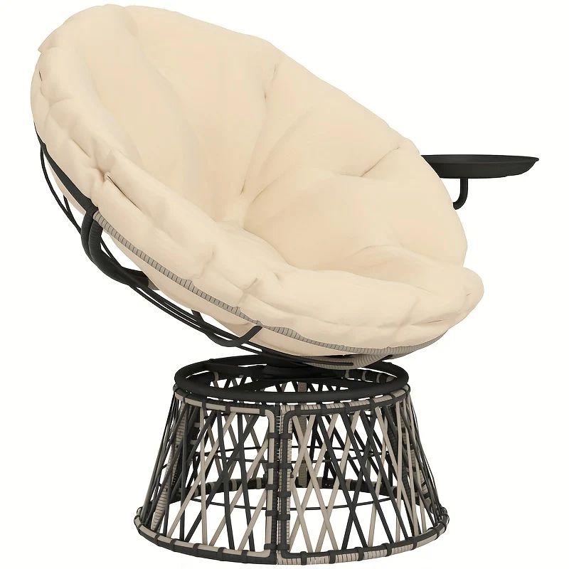 Rotan Draaifauteuil – Rotan Stoel – Lounge Stoel – Tuinstoel – Balkonstoel – Beige Kleur – 360° Draaibaar – Duurzaam Rotan Met Comfortabel Kussen