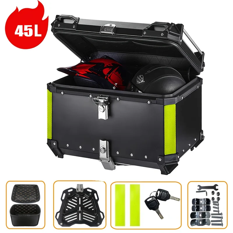 Aluminum Alloy Motorcycle Helmet Box with Lock - Durable Top Tail Luggage Storage Tool Box for Yamaha, for HONDA, for BMW & Most Motorcycles, Black with Neon Green Accents, Includes Mounting Hardware & Accessories, Motorcycle