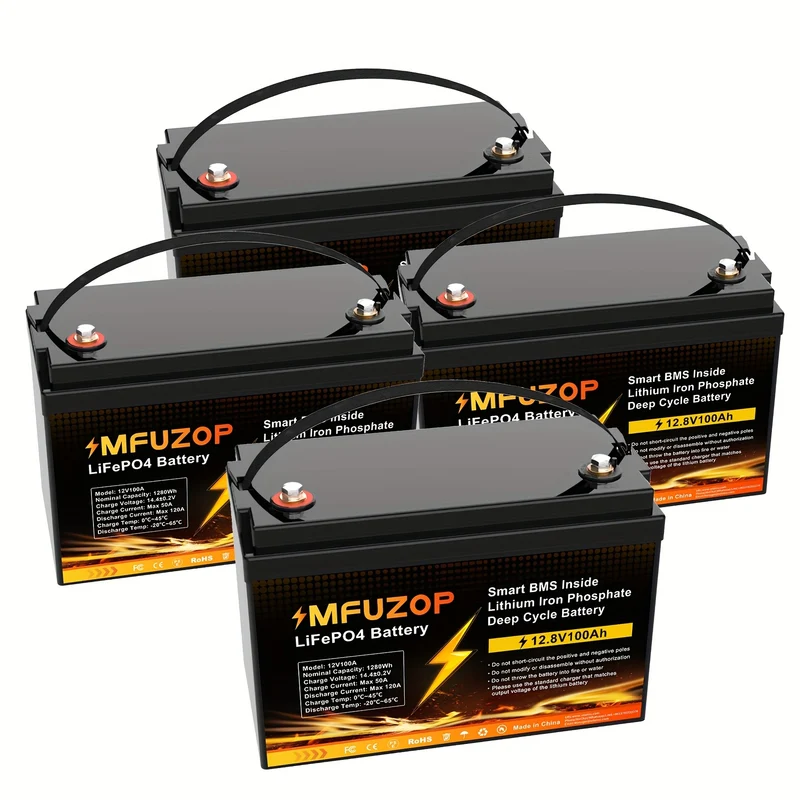 Lithium Accu – Lithium IJzerfosfaat Accu – 4 Stuks - LiFePO4 Batterij – Onderhoudsvrije Accu – 12,8V 100Ah Set – Snelle Oplading – Langdurige Diep Ontlading