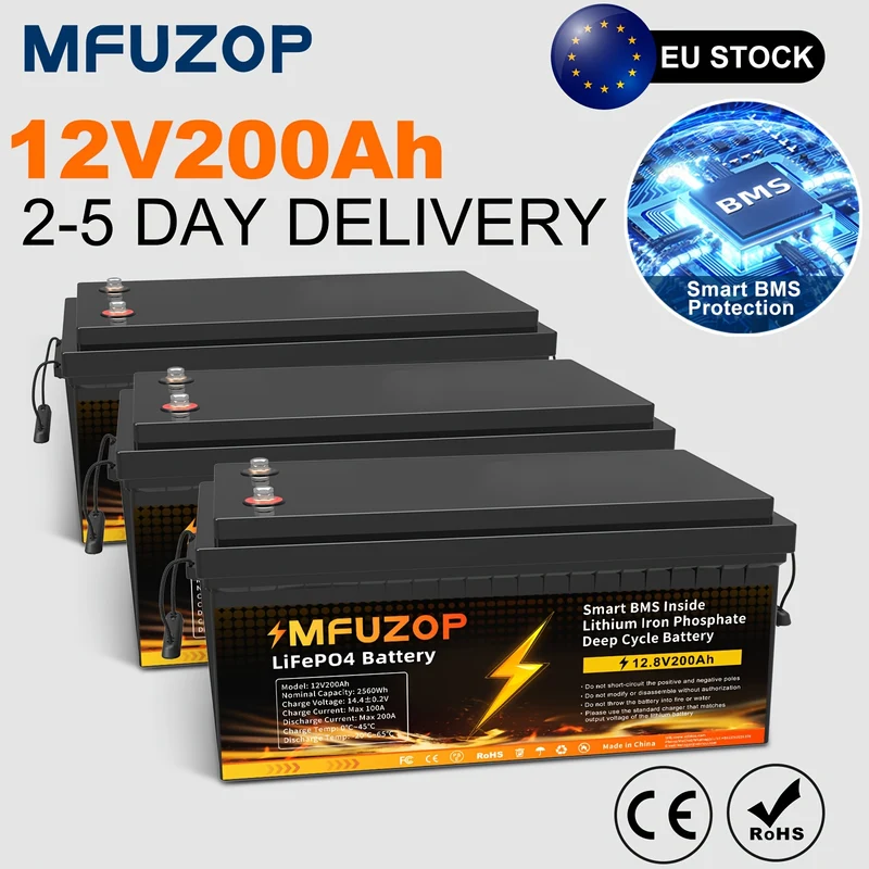 MFUZOP 3*12V 200Ah LiFePO4 Battery 2560Wh 15000+ Deep Cycle Lithium Battery 200A BMS Suitable for RV Camping Solar Golf Cart Home Energy Storage Off-Grid System