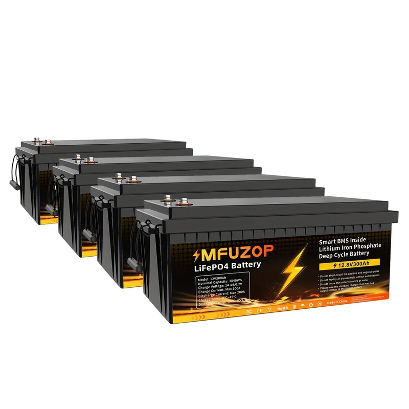 Lithium Accu – Lithium Batterij – 4 x LiFePO4 Accu – Camper Accu – Bootaccu – 12V 300Ah – Intelligente BMS & Lange Levensduur