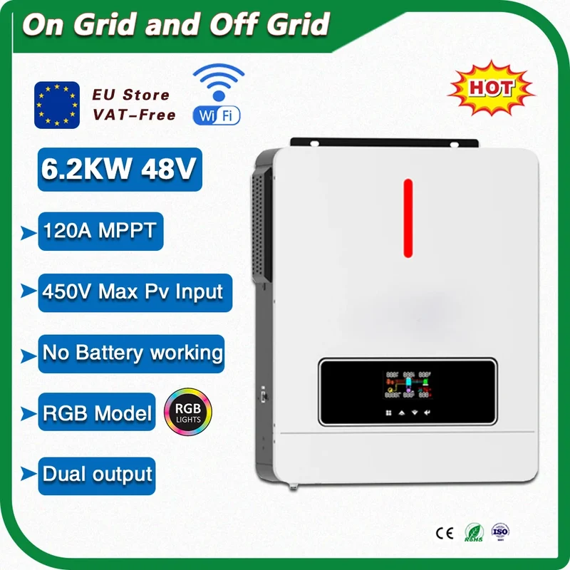 6200W 48V Dual Output RGB Light 90-500VDC 120A MPPT Charger Controller on/off Grid With BMS Solar Inverter Work without battery