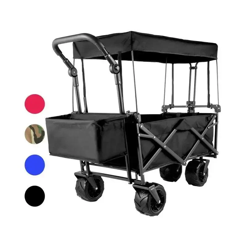 Bolderkar - Bolderwagen - Opvouwbare - Tuinkar - Tuinwagen - Tuintrolley - met Verstelbare Handgreep en Afneembare Luifel - Oxford Stoffen Winkelwagen - voor Outdoor, Camping & Strand - Bolderkarren - Karretje -Draagvermogen 100kg - Zwart