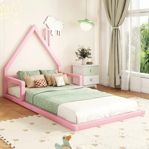 Kinderbed - Plat Bed - Huisvorm - Massief Grenen - Eenvoudige Vorm - 90*200 cm - Roze