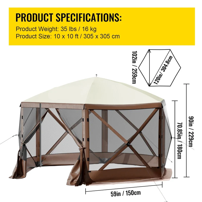 Pop-up Tent - Tent - Kampeertent - Pop-up Tenten - 6 Zijden Canopy - Sun Shade - 10 x 10ft - voor Buiten Kamperen - Hiking - Bruin