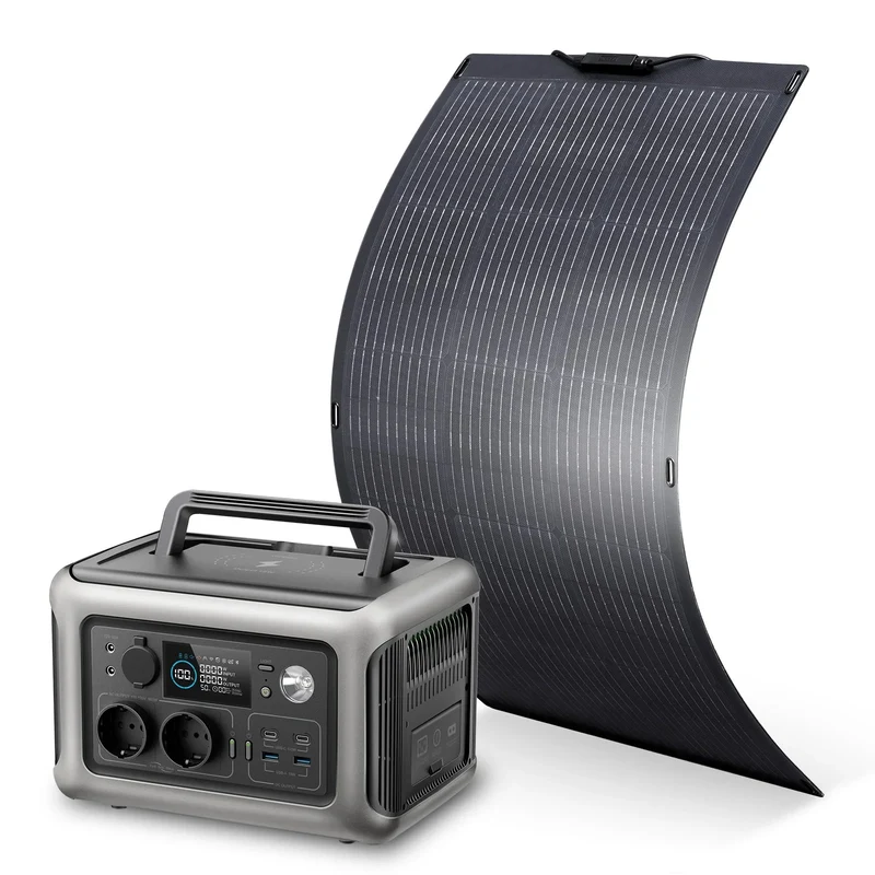 Powerstation - Stroomgenerator - Mini-Generator - Draagbare - Krachtcentrale - met 100W - Flexibele Zonnepaneel - AC Stopcontacten - LiFePO4 Batterij - voor Thuis - Tenten - Buiten - Kamperen - 299Wh - 600W - Zwart