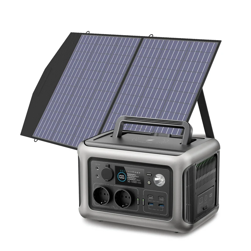Powerstation - Stroomgenerator - Mini-Generator - Draagbare - Krachtcentrale - met 100W Zonnepaneel - AC Stopcontacten - LiFePO4 Batterij - voor Thuis - Tenten - Buiten - Kamperen - 299Wh - 600W - Zwart