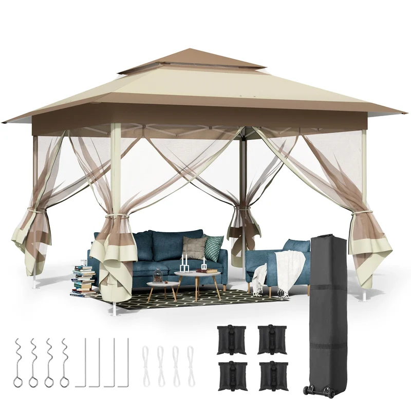 Gazebo Pop-Up Tent - Kampeertent - Opvouwbare Partytent - Tenten - 3.3x3.3m - Waterdichte - 4 Muskietennetten - voor Camping - Feest of Festival - Khaki en Bruin