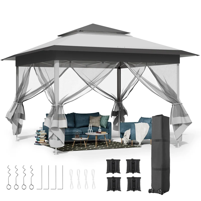 Gazebo Pop-Up Tent - Kampeertent - Opvouwbare Partytent - Tenten - 3.3x3.3m - Waterdichte - 4 Muskietennetten - voor Camping - Feest of Festival - Lichtgrijs en Donker
