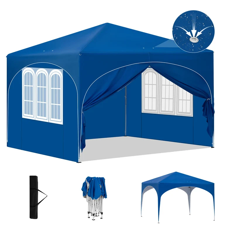 Gazebo Pop-Up Tent - Opvouwbare Partytent - Tenten - Kampeertent - Waterdichte Camping Tent - 3x3m - met 4 Zijwanden en Afvoerputje - voor Tuin en Buiten - Blauw