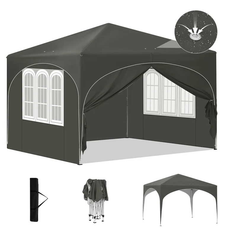 Gazebo Pop-Up Tent - Opvouwbare Partytent - Tenten - Kampeertent - Waterdichte Camping Tent - 3x3m - met 4 Zijwanden en Afvoerputje - voor Tuin en Buiten - Grijs
