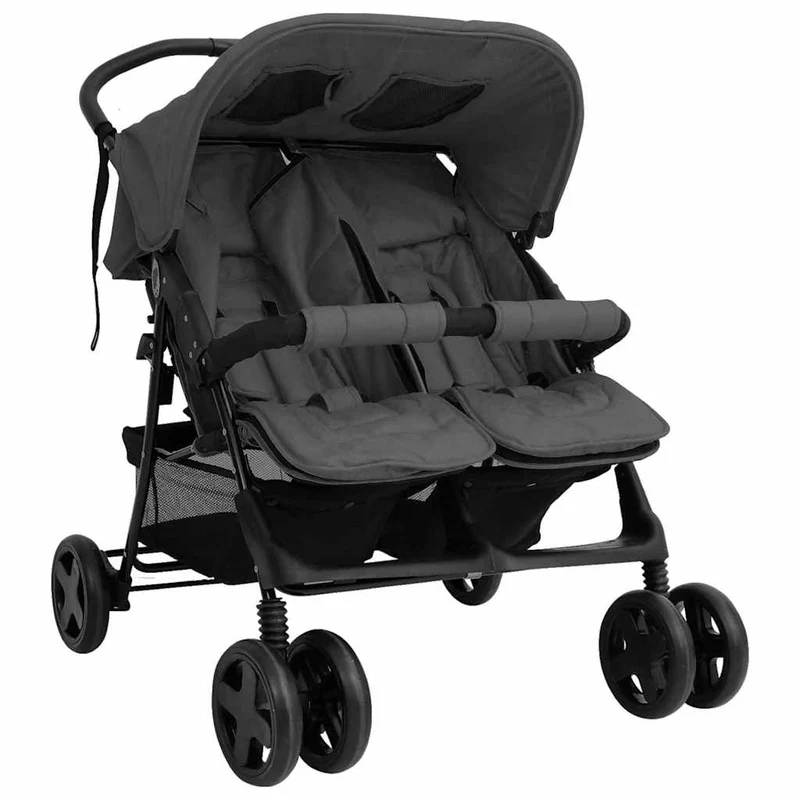 Tweelingwagen – Tweelingbuggy – Duo Kinderwagen – Duo Buggy – Tandem Kinderwagen – Stalen Frame – Verstelbare Zitposities – Donkergrijs