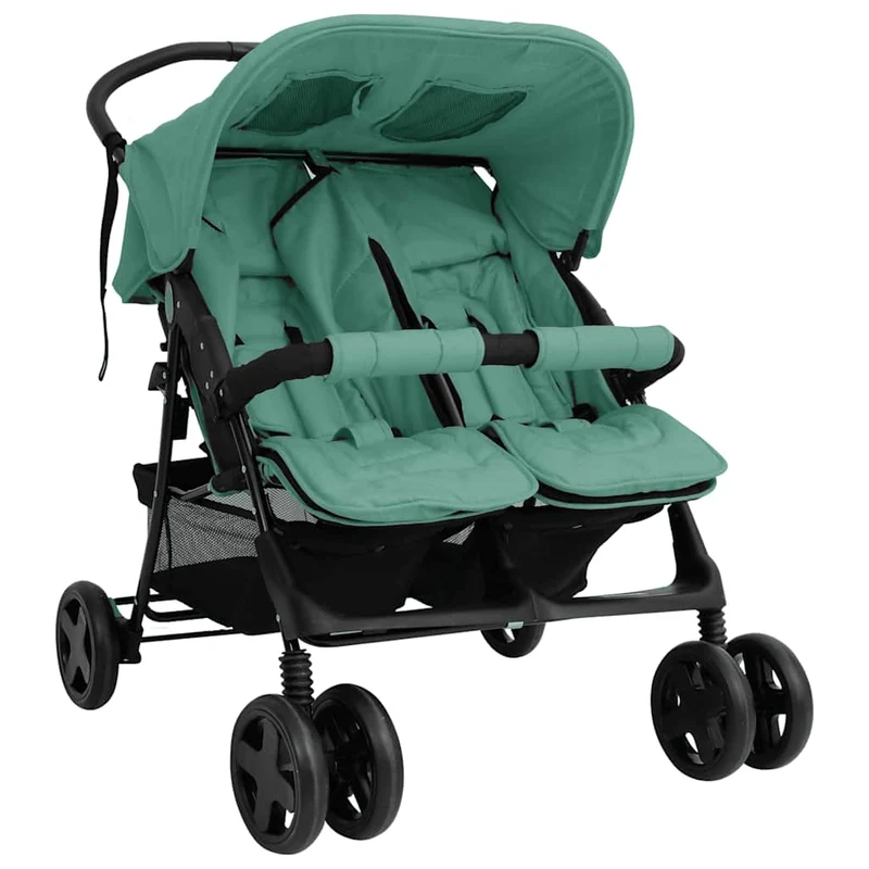 Tweelingwagen – Dubbele Kinderwagen – Tandemwagen – Babywagen – Duo Buggy – Staal Frame – Verstelbare Zitposities – Groen