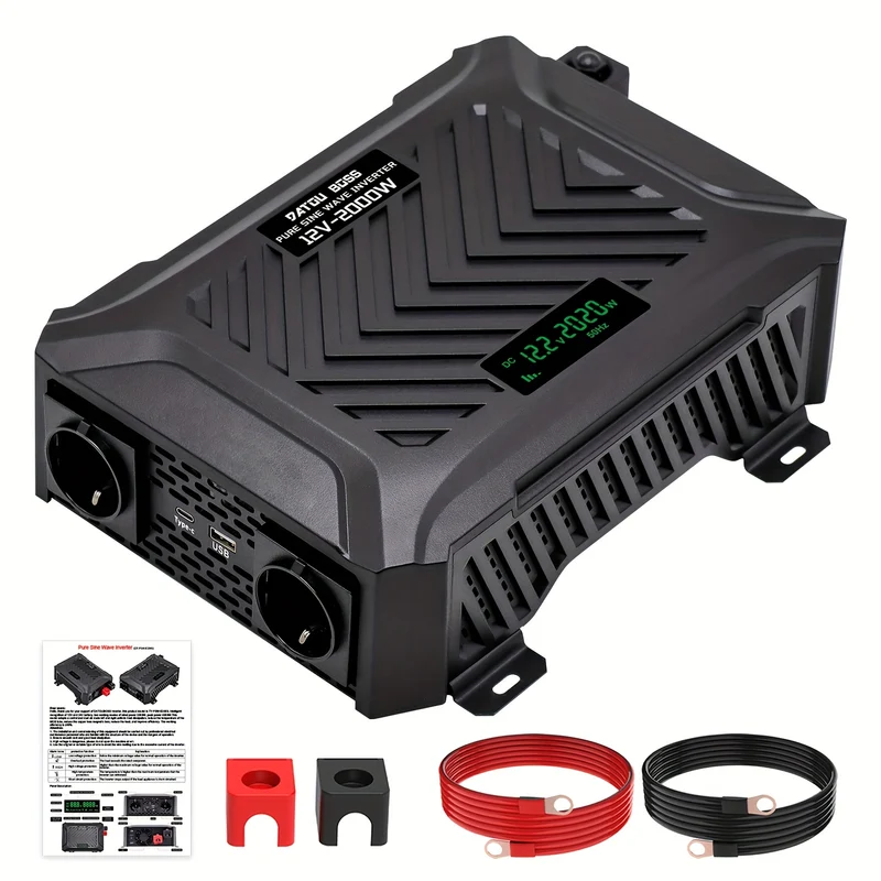 Omvormer – Spanningsomvormer – Stroomomzetter – Converter – 12V Dual Voltage – 2000W Vermogen – Pure Sinus – LCD Display – Aluminium Behuizing