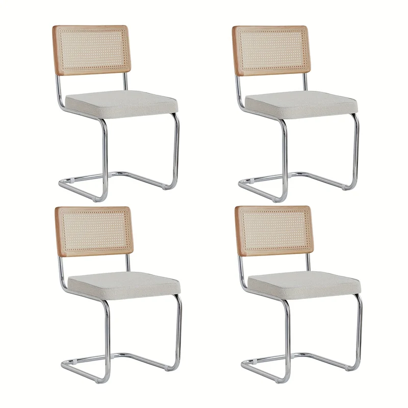 Eetkamerstoelen – Stoelen – Dining Chairs – Keukenstoelen – Zitmeubels – Wit Fluweel – Chroom Metalen Poten – Comfortabele Zitting – Handgeweven Rotan Rugleuning