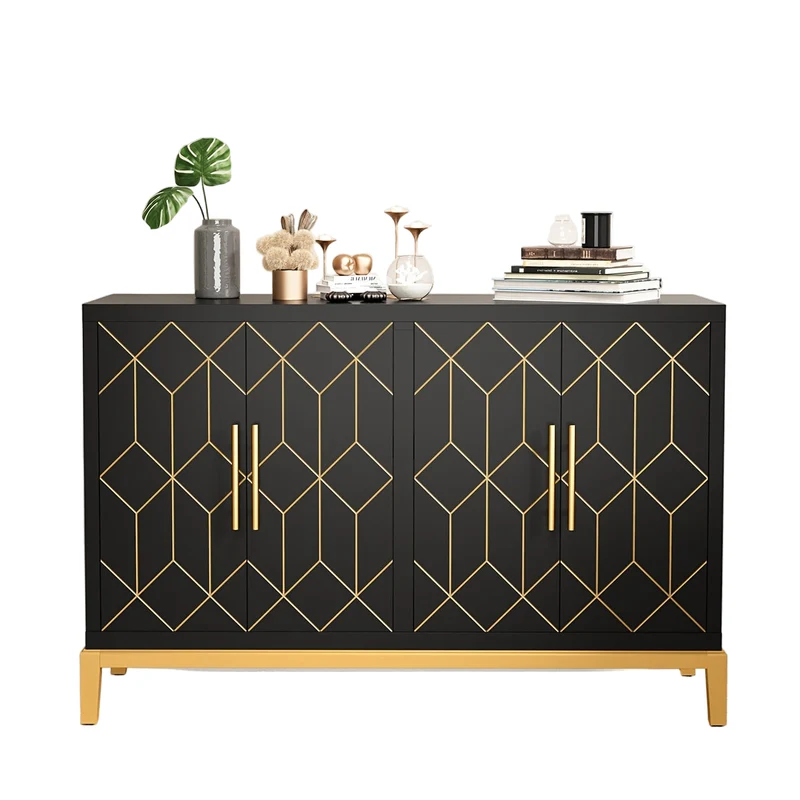 Kast – Opbergkast – Dressoir – Garderobekast – Vrijstaand – Verstelbare Planken – Zwart Met Gouden Accenten