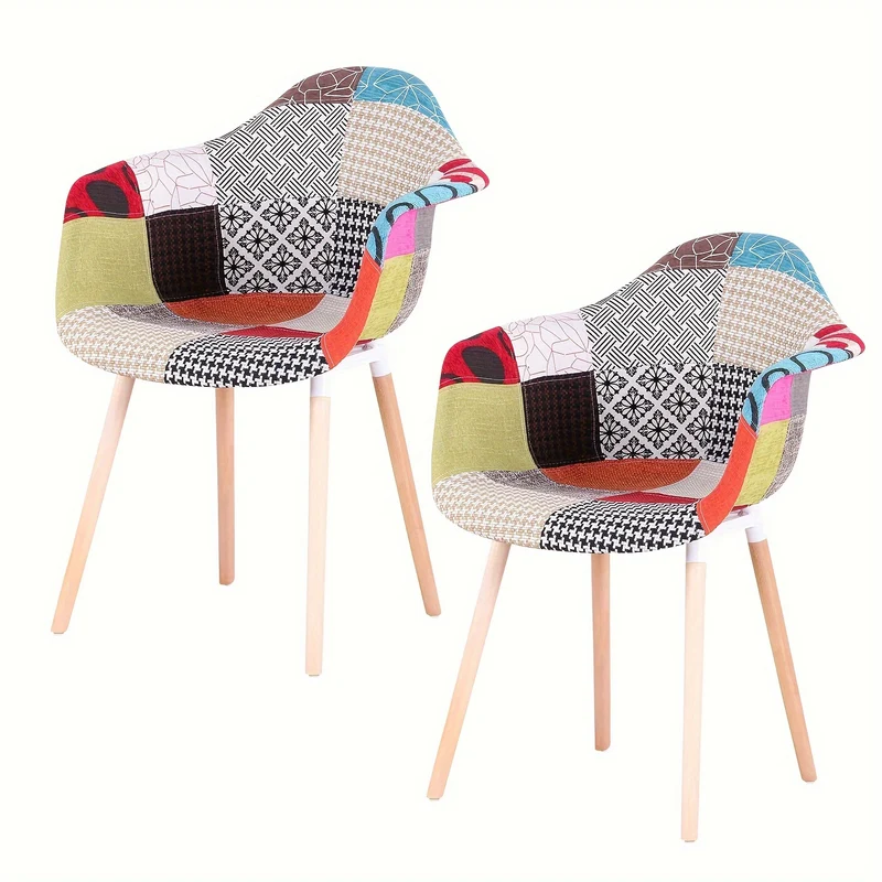 Eetkamerstoelen Set van 2 – Stoelen – Dining Chairs – Scandinavische Stoelen – Vintage Stoelen – Ergonomische Rugleuning – Beukenhouten Poten – Patchwork Linnen Stof – Stevige Kruisvoetconstructie – Gemakkelijk Schoon Te Maken – Compact Ontwerp – Rood