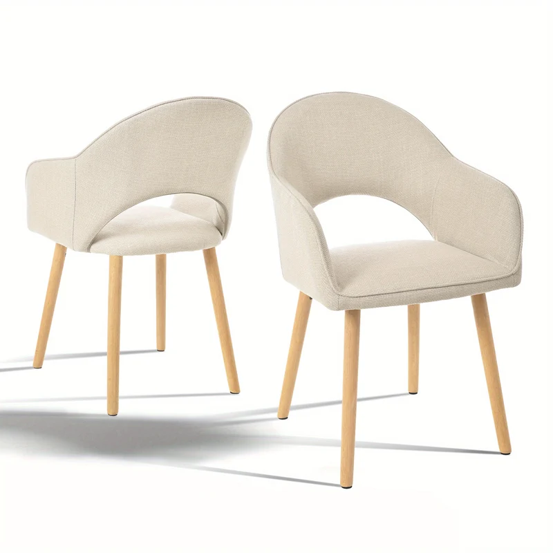 Eetkamerstoel – Stoel – Armstoel – Loungestoel – Zithoekstoel – Set van 2 Beige Polyester – Open Rugleuning met Halve Maan – Stevige Houten Poten