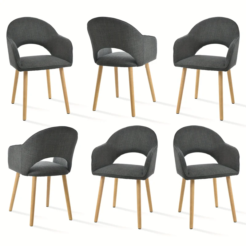 Eetkamerstoelen – Stoelen – Armstoelen – Bureaustoelen – Lounge Stoelen – Halvemaan Vormige Rugleuning – Houten Poten – Zwart Polyester – Set Van 6