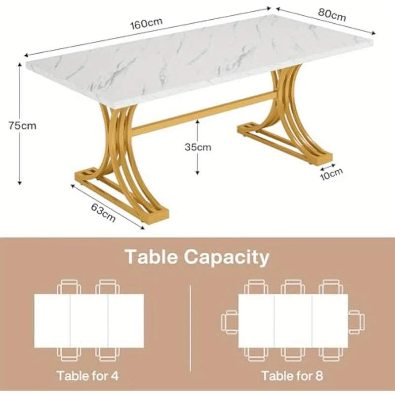 Eettafel – Tafel – Dinertafel – Keukentafel – Vergadertafel – Modern – Wit & Goud – 160x80 cm – Stevige Metalen Poten – Faux Marmeren Tafelblad