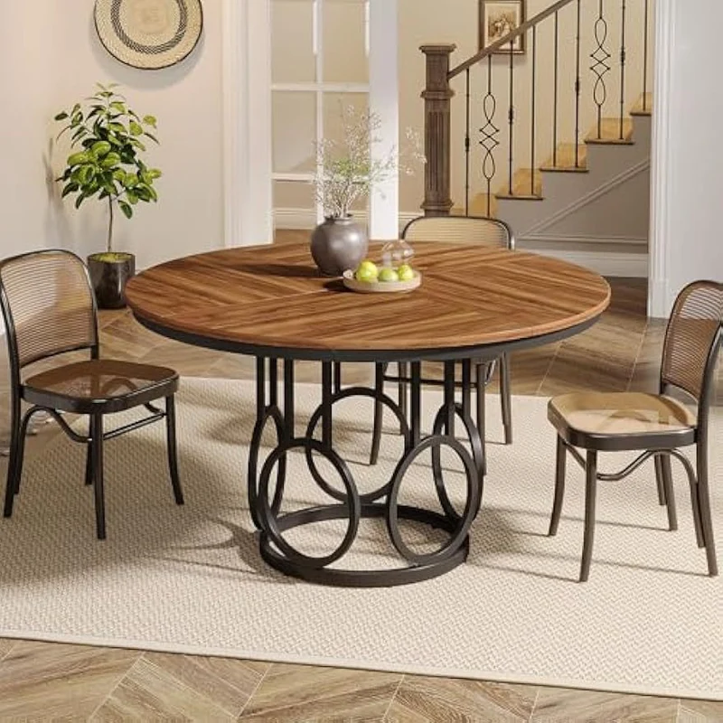 Eettafel – Ronde Tafel – Keukentafel – Eetkamertafel – Woonkamertafel – 120 cm Diameter – Stevig Metaal Onderstel – Bruin MDF Tafelblad Met Houtnerf