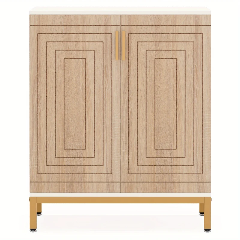 Schoenenkast – Schoenenrek – Schoenenopberger – Schoenenkast met Deuren – Hal Organizer – 5 Lagen – Hout met Metalen Gouden Accenten – Vrijstaand Wit & Hout