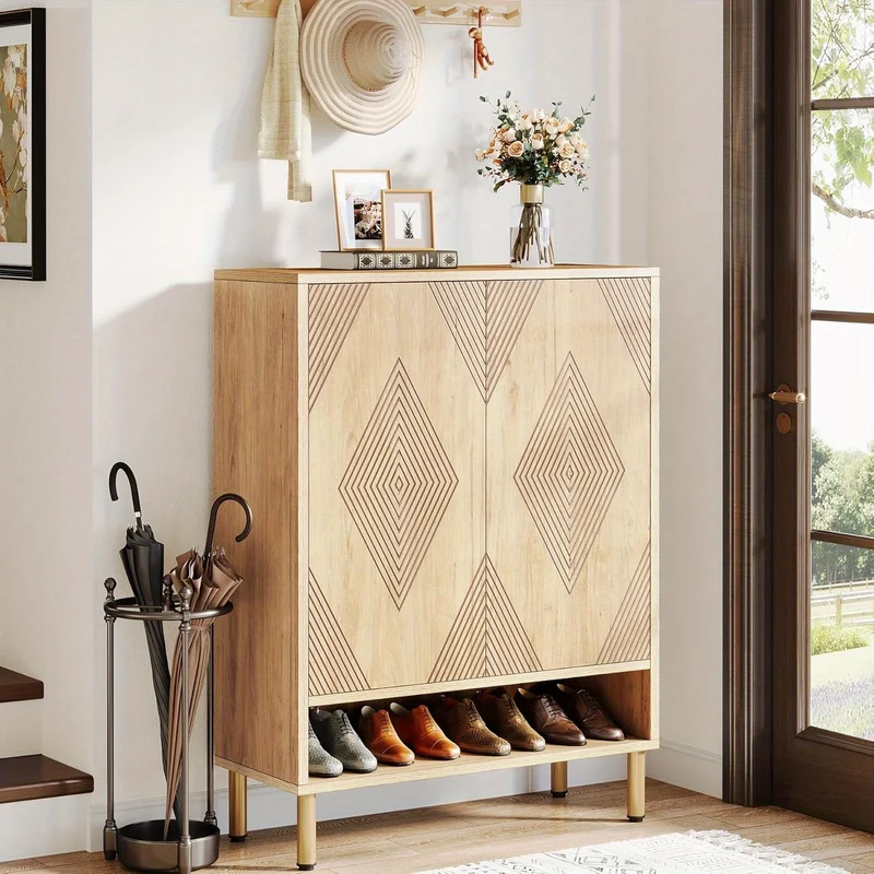 Schoenenkast – Schoenenopberger – Schoenenrek – Schoenenkastje – Schoenendisplay – 6-laags met verstelbare planken – Houtcomposiet met metalen poten – Ruimte voor 24 paar schoenen – Modern design met schuine deuren