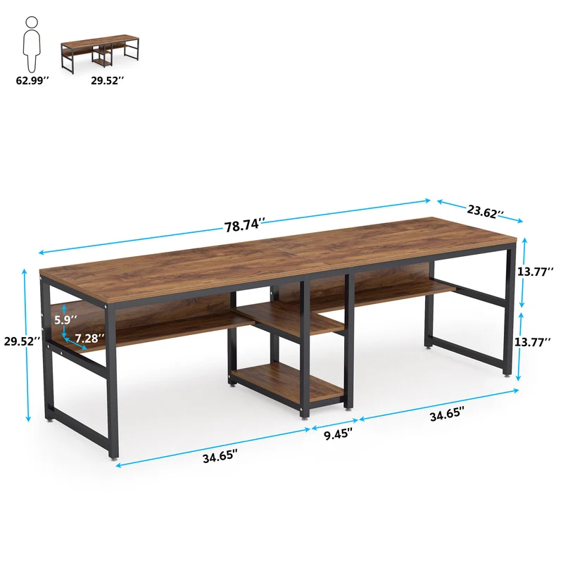 Bureau – Bureautafel – Werkplek – Computertafel – Dubbel Bureau – Ruime Werkplek 200x60 cm – Met Verborgen Boekenplank – Stevig Metalen Frame – Krasbestendig Blad – Bruin