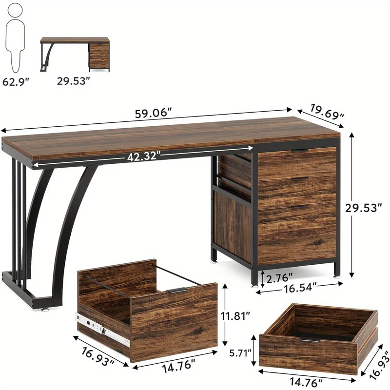 Industrieel Bureau – Werkplek – Computertafel – Schrijftafel – Bureau Met Laden – Ruim Werkblad 150 cm – Verstelbare Laden En Stabiel Frame