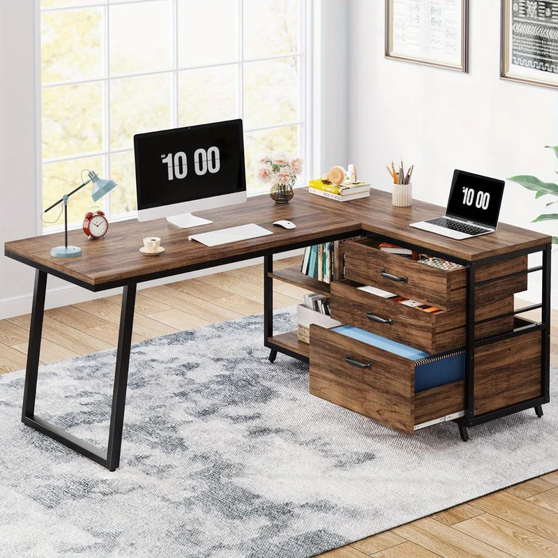 L-vormig bureau – Hoekbureau – Computerbureau – Thuiswerkbureau – Studiebureau – Industrieel ontwerp – Omkeerbaar ontwerp – Stevig metalen frame – Opbergruimte met 3 laden