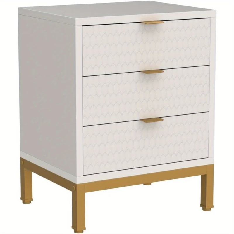 Nachtkastje – Bijzettafel – Bedside Table – Opbergkast – Nachtkast – Wit Gouden Afwerking – 3 Lades – E1 Spaanplaat Met Metaal