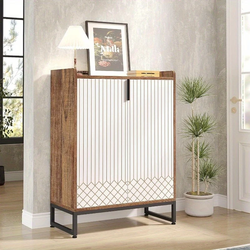 Schoenenkast – Schoenenrek – Schoenopberger – Schoenenkastje – Schoenmeubel – 5 Schappen – Zwart Metalen Frame – Wit Donkerbruin Hout – Ruim Opbergvak – Vrijstaand