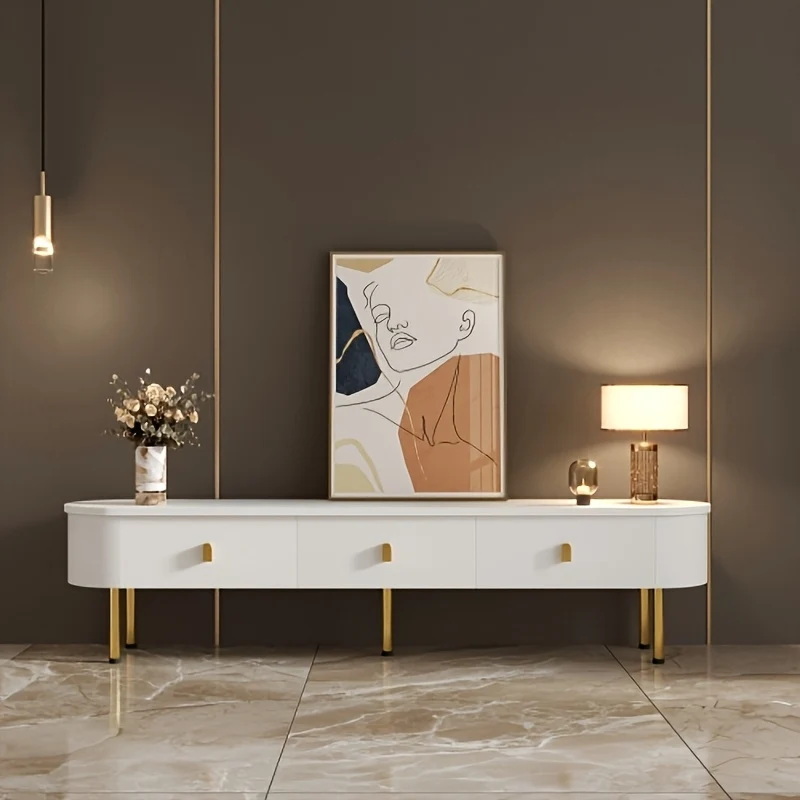 Tv Meubel – Tv Stand – Tv Kast – Tv Meubel Met Laden – Tv Dressoir Wit – Vloerstaand Met Gouden Poten – 3 Laden – Marmer-Effect Topblad