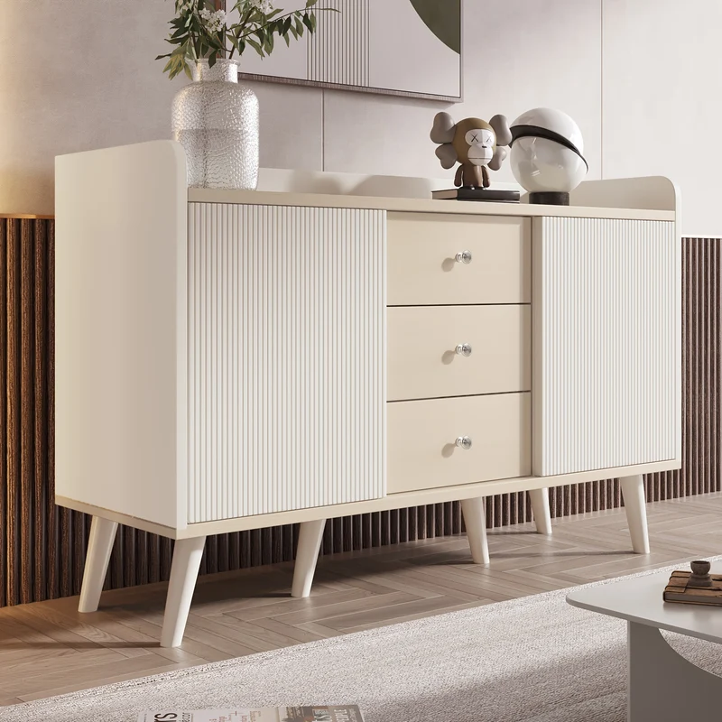 Wandkast – Opbergkast – Dressoir – Kast – Sideboard – Wit Met Natuurlijk Bamboe – 3 Lades Met Ruime Opbergruimte – Compact 117,5 cm