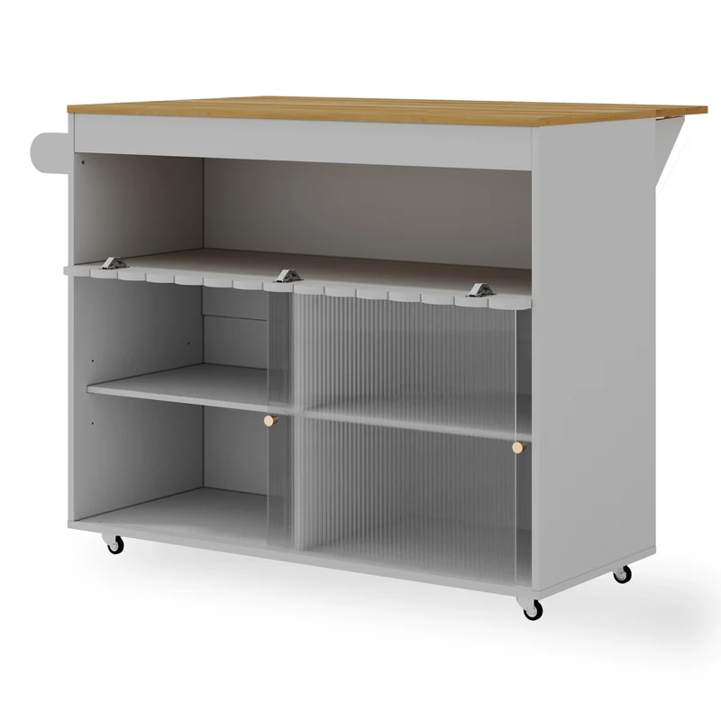 Keukeneiland – Keukentrolley – Buffetkast – Sideboard – Opbergkast – Grijs – Schuifdeur en Mobiel op Wieltjes – Ruime Opbergruimte met Open Vakken