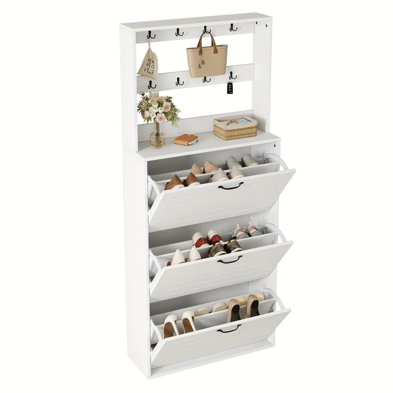 Haltafel – Sidetable – Wandtafel – Bijzettafel – Opbergkast – Wit – Verticale Ruimtebesparende Opberger – 3 Flipdeuren Met 8 Haken – 3,2+ Kubieke Voet Opbergruimte