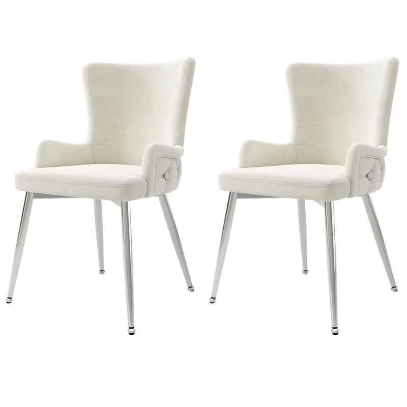 Eetkamerstoel – Stoel – Designstoel – Armstoel – Luxe stoel – Set van 2 Beige – Comfortabele Bekleding – Zilverkleurige Metalen Poten