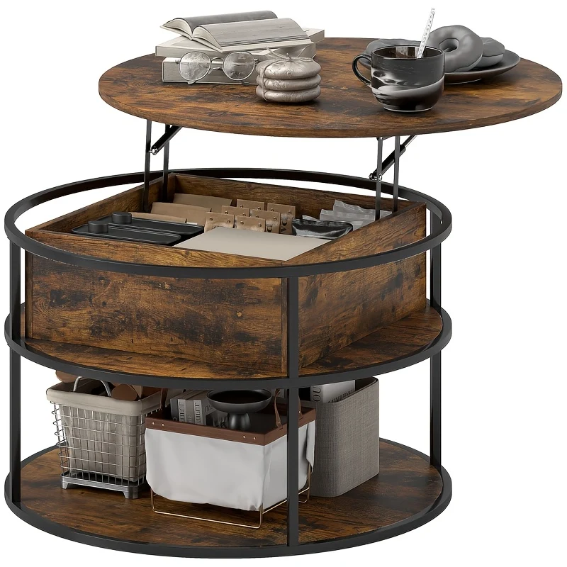Salontafel – Koffietafel – Bijzettafel – Woonkamertafel – Accenttafel – Modern – Verstelbaar Blad – Bamboe Met Verborgen Opbergruimte – Rond Bruin – Ruimtebesparend Design