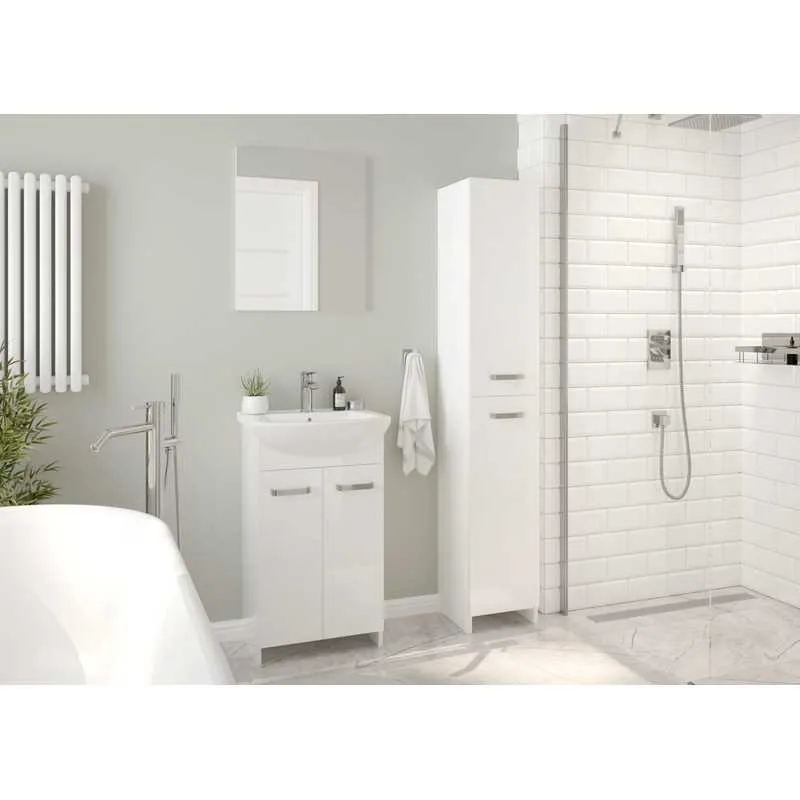 Badkamermeubel – Wastafelmeubel – Douchemeubel – Opbergkast Badkamer – Badkamerkast Vrijstaand – Compact 85x60 cm – Glanzend Wit Gelamineerd Hout