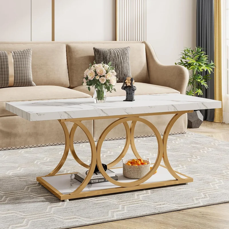 Salontafel – Woonkamertafel – Bijzettafel – Koffietafel – Lounge tafel – 120 cm Wit Goud – Nepmarmeren Blad – Opbergruimte & Geometrisch Metaalframe