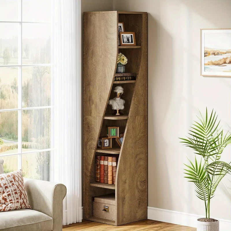 Boekenkast – Boekenrek – Vakkenkast – Opbergkast – Stellingkast – 6-laags Hoekboekenkast – Ruimtebesparend Smal Design – Duurzaam Hardhout en Multiplex